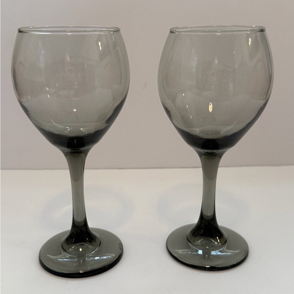 Vintage 70’s Charcoal Blown Glass Smokey Black Wine Glasses set 2